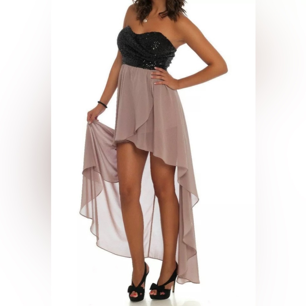 NWOT Women’s Cocktail Party Dress Black Sequins Bustier high low rise
